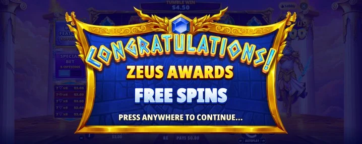 Gates of Olympus 2500 Zeus Awards Free Spins screen
