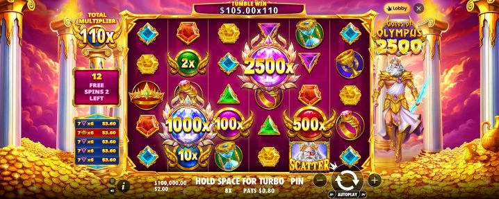 Gates of Olympus 2500 gameplay with multiplier symbols